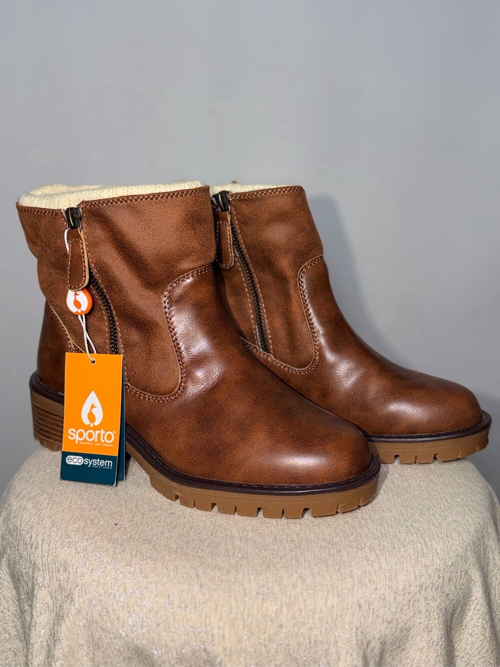Sporto EcoSystem Brown Ankle Boots Women's Water-Resistant Faux Fur Size 7.5